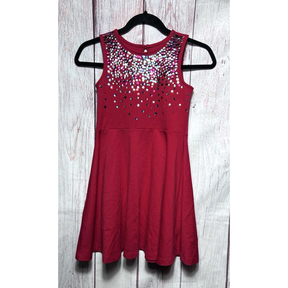 Lands End A-Line Red Sequin Neck Stretch Knee Length Holiday Xmas Dress S 7/8 - Picture 1 of 5